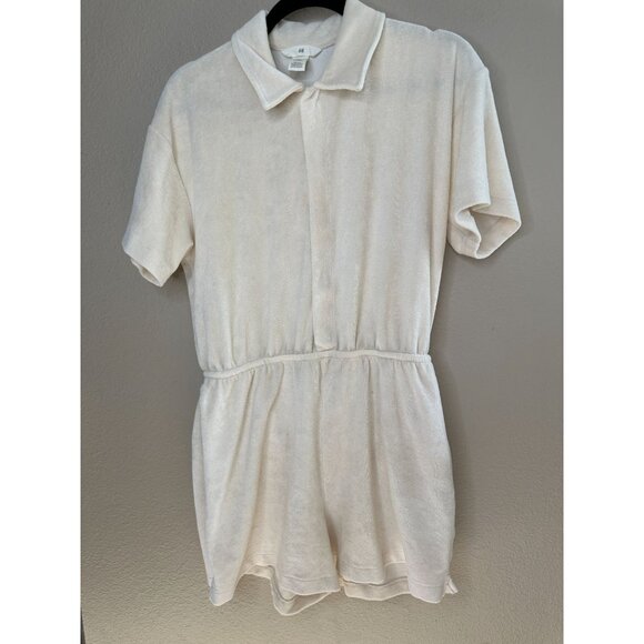 H&M Womens Cream Terrycloth Romper Medium short sleeve button up cotton - Picture 2 of 10